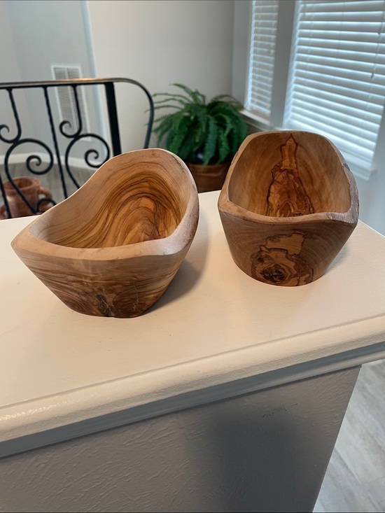 Other - Hand-Carved Olive Wood Bowl Set - Natural Brown Wood Grain